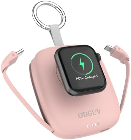 Small Portable Charger 5000mAh,iWatch Wireless Charger Mini Power Bank with Built-in Cable,Travel Keychain Charger for Apple Watch 9/Ultra2/8/Ultra/7/6/Se/5/4/3, iPhone 15/14/13/12/11,Android Phone