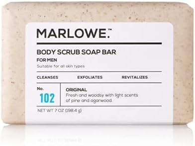 MARLOWE. No. 102 Men's Body Scrub Soap 7 oz, Fresh Original Woodsy Scent, Best Exfoliating Bar for Men, Made with Natural Ingredients, Apricot Seed Powder, Shea Butter, Olive Oil, Green Tea Extracts