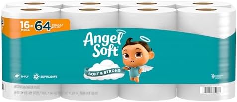 Angel Soft Toilet Paper, 16 Mega Rolls = 64 Regular Rolls, Soft and Strong Toilet Tissue