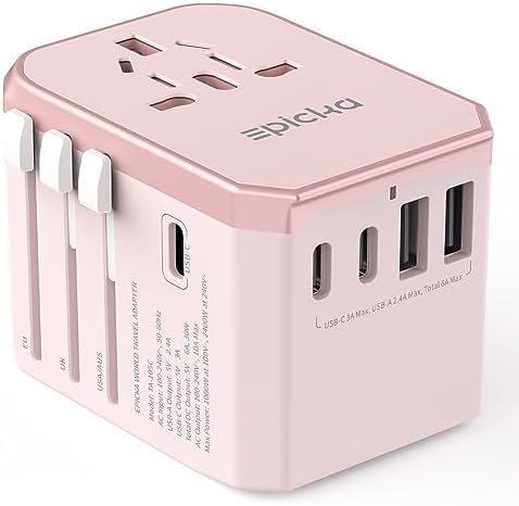 EPICKA Universal Travel Adapter, International Power Plug Adapter with 3 USB-C and 2 USB-A Ports, All-in-One Worldwide Wall Charger for USA EU UK AUS (TA-105C, Pink)