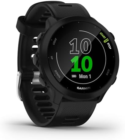 Garmin Forerunner 55 – GPS-Laufuhr mit 1,04“ Always-On-Farbdisplay, täglichen Trainingsempfehlungen, Laufzeitprognose, über 15 vorinstallierten Sport-Apps, Schwarz und bis zu 14 Tagen Akkulaufzeit