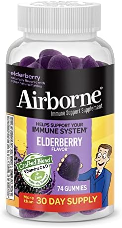 Airborne Elderberry + Zinc & Vitamin C Gummies for Adults, Immune Support Vitamin D & Zinc Gummies with Powerful Antioxidant Vitamins C D & E - 74 Gummies, Elderberry Flavor
