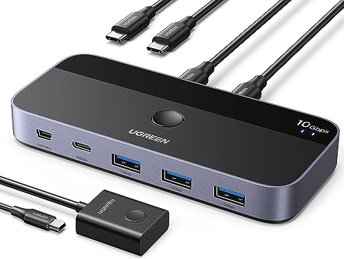 UGREEN 10Gbps USB-C切替器 USB3.2 2 台のPCでUSB-C&A デバイスを共有 Mac用 4ポート USB-C3.2 スイッチャー キーボード/マウス/ウェブカメラ/USBマイク/プリンタを切り替え 2台のUSB Cラップトップ用、USB‐Cケーブル2本&リモート付き