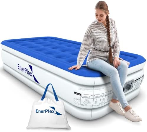 EnerPlex Twin Air Mattress with Built-in Pump - 16 Inch Double Height Inflatable Mattress for Camping, Home & Portable Travel - Durable Blow Up Bed with Dual Pump - Easy to Inflate/Quick Set Up﻿