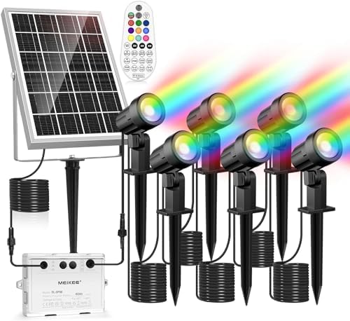 MEIKEE Solar Strahler Außen RGB mit Fernbedienung 10 Farbe 30 Zyklusmodi Speicherfunktion Timing-Funktion Solar Gartenleuchte IP66 Wasserdicht Solarlampe RGB für Garten, Pfad,Baum, Balkon 6 Stück