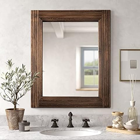 YOSHOOT Hand-Made Wooden Spliced Wall Mirror for Bathroom, Rustic Farmhouse Vanity Mirror, Décor Wall Art, Solid Wood Frame, Vertical or Horizontal Hanging