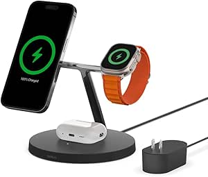 Belkin MagSafe Charger, 3-in-1 Wireless Charging Stand, 2ND GEN, 33% Faster for Apple Watch, iPhone 16, iPhone 15, iPhone 14 Series, AirPods - MagSafe Charging Station for Multiple Devices - Black