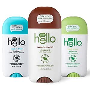 hello Deodorant With Shea Butter for Women + Men, 24 Hour Odor Protection - Sweet Coconut, Fresh Citrus, and Clean + Fresh, No Aluminum, + No Baking Soda, Vegan &amp; Parabens Free, 2.6oz, 3 count