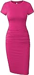 Missufe Bodycon Sheath Pencil Casual Dresses Women's Short Sleeve Ruched Knee Legnth T Shirt Sundress (Rose Red, Large)