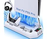 PS5 / PS5 Slim Stand and Cooling Station with Dual Controller Charging Station for PlayStation 5 Console, PS5 Accessories Incl. Controller Charger, Cooling Fan, Headset Holder, 3 USB Hub, Screw-White