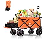 Collapsible Beach Wagon Cart with Big Wheels, 440LBS Upgrade Large Capacity Folding Wagon, Foldable Grocery Wagon with Side Pocket and Brakes, Ideal for Sand Camping Outdoor Garden Sports, Orange