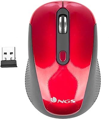 NGS Haze Red - Ratón Óptico Inalámbrico 2.4GHz, Ratón USB para Ordenador o Laptop con 3 Botones y Scroll Metálico, 800/1600dpi, Rojo