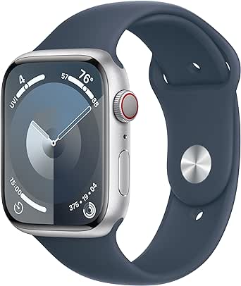 Apple Watch Series 9 [GPS + Cellular 45mm] Smartwatch with Silver Aluminum Case with Storm Blue Sport Band S/M. Fitness Tracker, ECG Apps, Always-On Retina Display