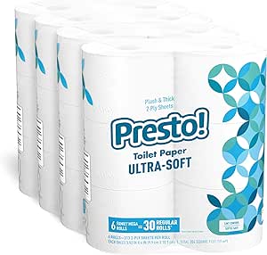 Amazon Brand - Presto! 2-Ply Ultra-Soft Toilet Paper, 24 Family Mega Rolls = 120 regular rolls, 6 Count (Pack of 4), Unscented