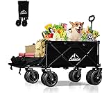 Collapsible Beach Wagon Cart with Big Wheels, 440LBS Upgrade Large Capacity Folding Wagon, Foldable Grocery Wagon with Side Pocket and Brakes, Ideal for Sand Camping Outdoor Garden Sports, Black