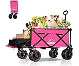 Collapsible Beach Wagon Cart with Big Wheels, 440LBS Upgrade Large Capacity Folding Wagon, Foldable Grocery Wagon with Side Pocket and Brakes, Ideal for Sand Camping Outdoor Garden Sports, Rose