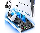 Rysker PS5/ PS5 Slim Stand for Disc & Digital Console, PS5 Cooling & Charging Station with 3-Level Fan, PS5 Controller Charger for PS5 & Edge Controller, PS5/Slim Accessories with 3 Charging Ports