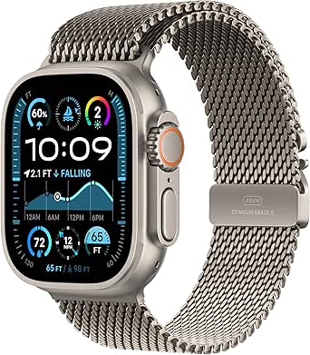 Apple Watch Ultra 2 [GPS + Cellular 49mm] Smartwatch, Sport Watch with Natural Titanium Case with Natural Titanium Milanese Loop - Large. Fitness Tracker, Precision GPS, Action Button, Carbon Neutral