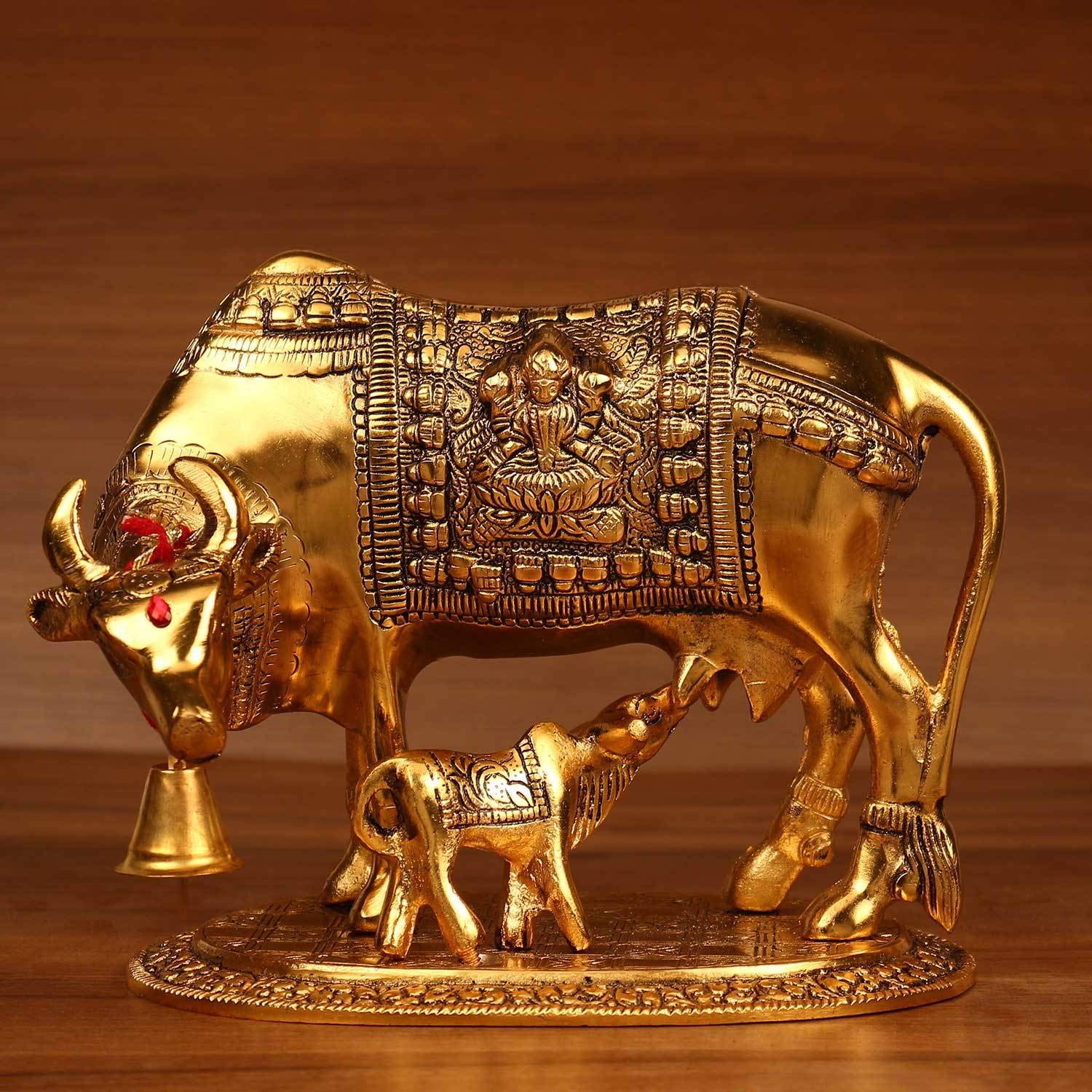 Large Elegant Kamdhenu Cow and Calf Oxidized Metal Statue