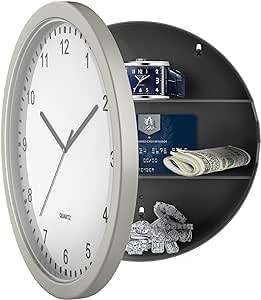 Clock Safe:10-Inch Battery-Operated Analog Clock with Hidden Wall Safe for Jewelry, Cash, Valuables, and More by Trademark Home (Silver)