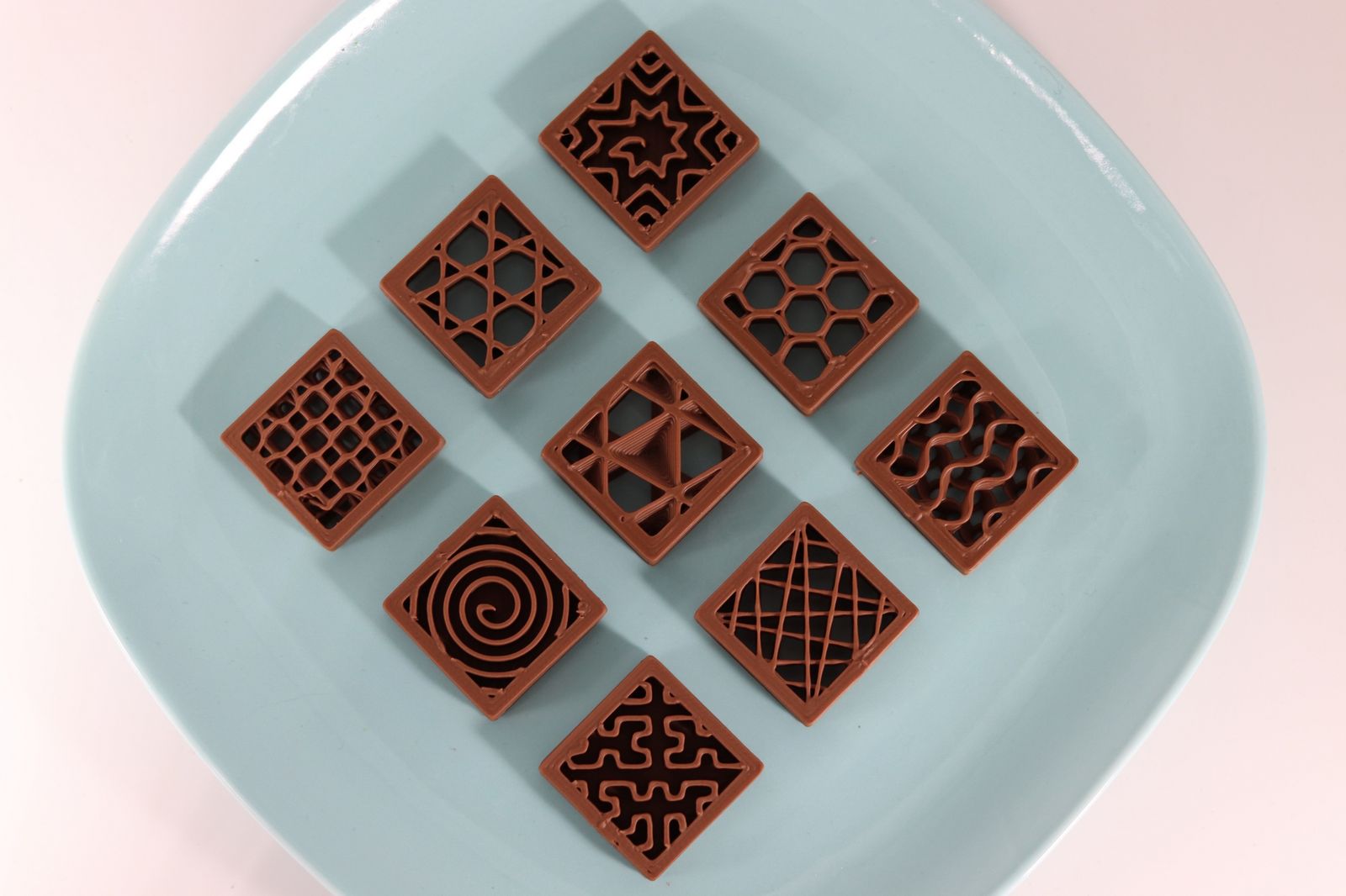 3D printed chocolates on a plate