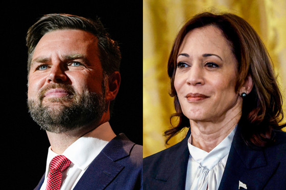 A split composite of JD Vance and Kamala Harris.