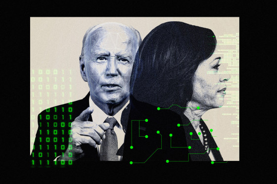 Photo illustration of Biden and Harris, covered with glitchy texts and binary code