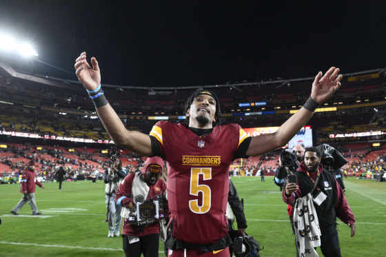 Image: Washington Commanders quarterback Jayden Daniels celebrates after beating the Atlanta Falcons 30-24 in overtime.