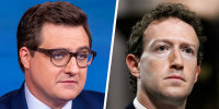 A side by side split image of Chris Hayes and Mark Zuckerberg.