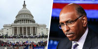 A side by side split image of a large crowd protesting outside of the Capitol building, and Michael Steele