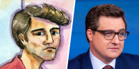 Split composition of a court drawing of Ross Ulbricht and a photo of Chris Hayes.