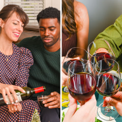 A couple pouring wine, a woman holding a wine cup and four wine glasses