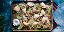 Sheet Pan Pierogi, Kielbasa and Cabbage