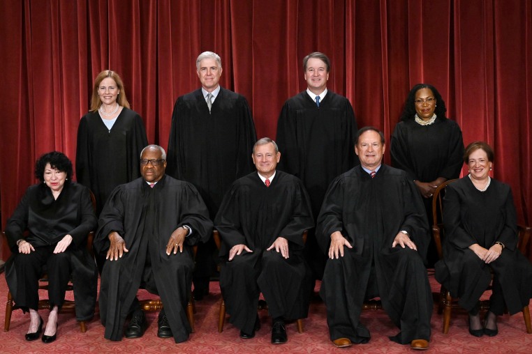 Supreme Court Justices Amy Coney Barrett, Neil Gorsuch, Brett Kavanaugh, Ketanji Brown Jackson, Sonia Sotomayor, Clarence Thomas, Chief Justice John Roberts, Samuel Alito and Elena Kagan in 2022.