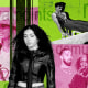 Photo collage in neon green, bright pink, and black with several figures: Charli XCX, Drake and Kendrick Lamar, Haliey Welch (also known as Hawk Tuah Girl), and Stephen Nedoroscik (also known as Pommel Horse Guy). The words "aura points," "rizz," "brat," "demure," and "brain rot" are overlaid across the image.