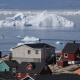 Icebergs drift by in Disko Bay on July 15, 2024 at Ilulissat, Greenland. 