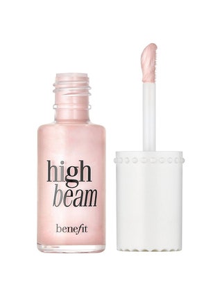 Benefit Cosmetics High Beam Liquid Highlighter pearlescent pink tube of highlighter with white cap and doe foot applicator