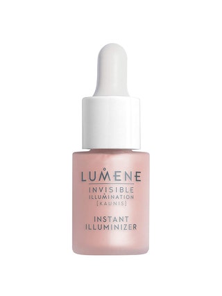 Lumene Invisible Illumination Instant Illuminizer dropper bottle of pinky champagne highlight with white cap on white...