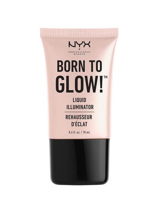 NYX Cosmetics Born to Glow Liquid Illuminator pearlescent pink tube of highlighter with black cap on white background