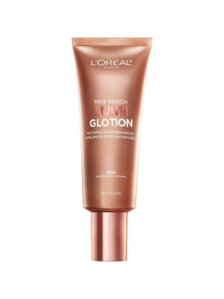 L'Oral Paris True Match Lumi Glotion bronze tube of liquid highlighter with rose gold cap on white background