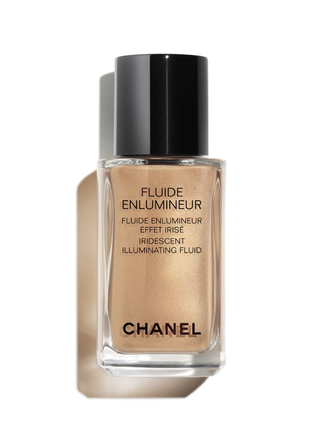 Chanel Fluide Enlumineur square jar of soft gold liquid highlighter with black cap on white background