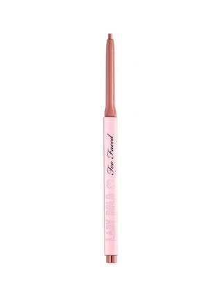 Too Faced Lady Bold Lip Liner in Badass bubblegum pink and peachy nude lip pencil on white background