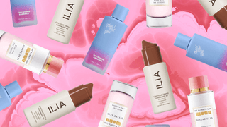 Best Allantoin skincare products a collage of Ilia Pat McGrath Labs and Then I Met You products on a pink tiedye background