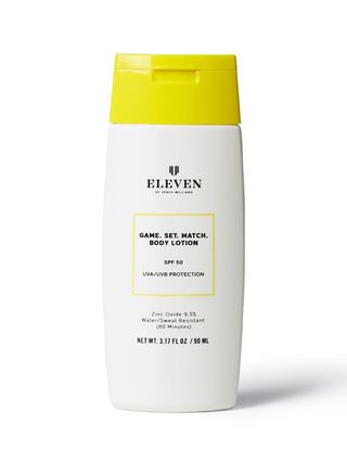 EleVen by Venus Williams Game. Set. Match. Body Lotion SPF 50 white bottle with yellow cap on white background