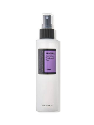 Cosrx AHABHA Clarifying Treatment Toner translucent bottle with black and purple label and black spray cap on white...