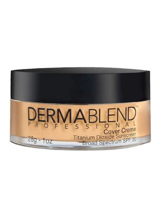 Dermablend Cover Creme Broad Spectrum SPF 30 transparent jar of foundation with black cap on white background