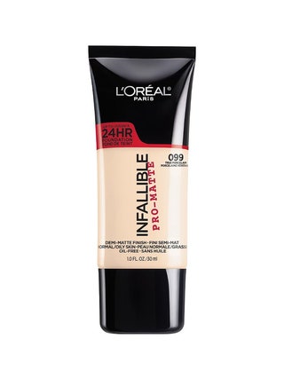 L'Oral Paris Infallible ProMatte 24 Hour Foundation black and transparent tube with black cap on white background