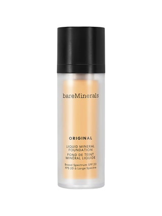 BareMinerals BarePro Performance Wear Liquid Foundation SPF 20 translucent bottle of foundation with black cap on white...