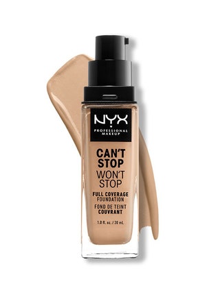 NYX Professional Makeup Can't Stop Won't Stop 24Hr Full Coverage Matte Finish Foundation clear bottle of foundation with...