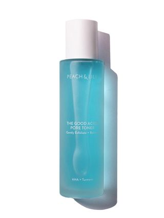 A blue translucent bottle of Peach  Lily The Good Acids Pore Toner on white background